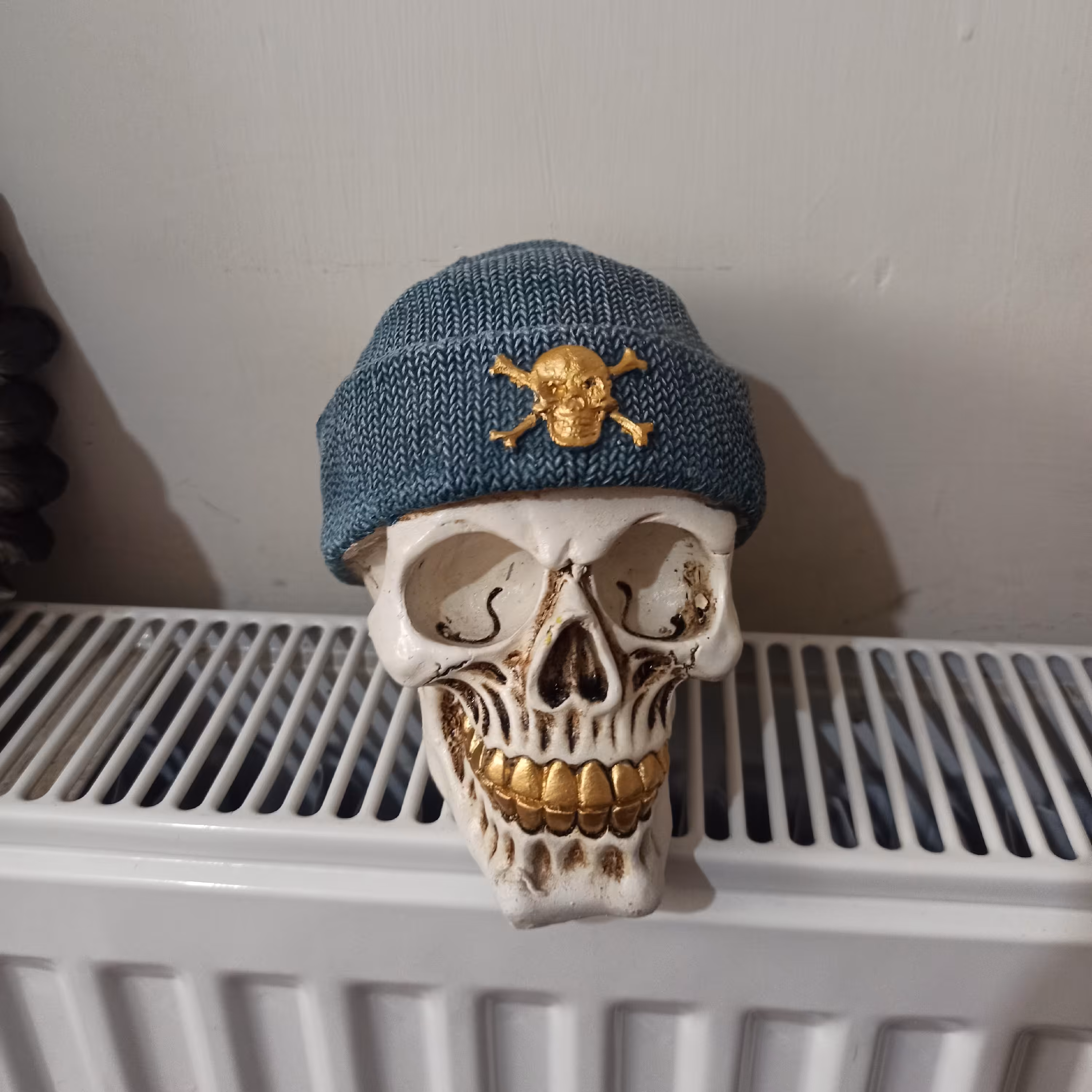 مجسمه اسکلت یا جمجمه کلاه دار  جنس پلیستر کله اسکت دزد دریایی مناسب دکور منزل محل کار کافه و اکواریوم و تراریوم