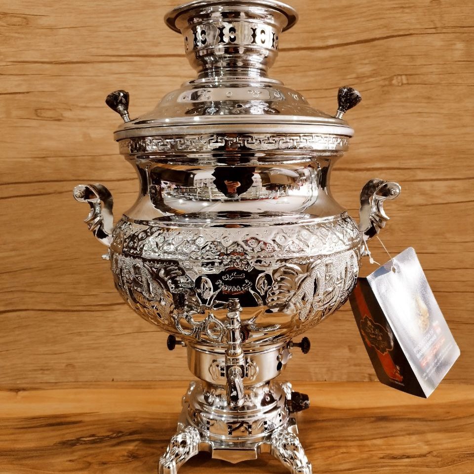 سماور برنجی 12 لیتر طرح مهسان قلم زنی برند اوژن مشهد ( سماور گازی سماور 12 لیتر )