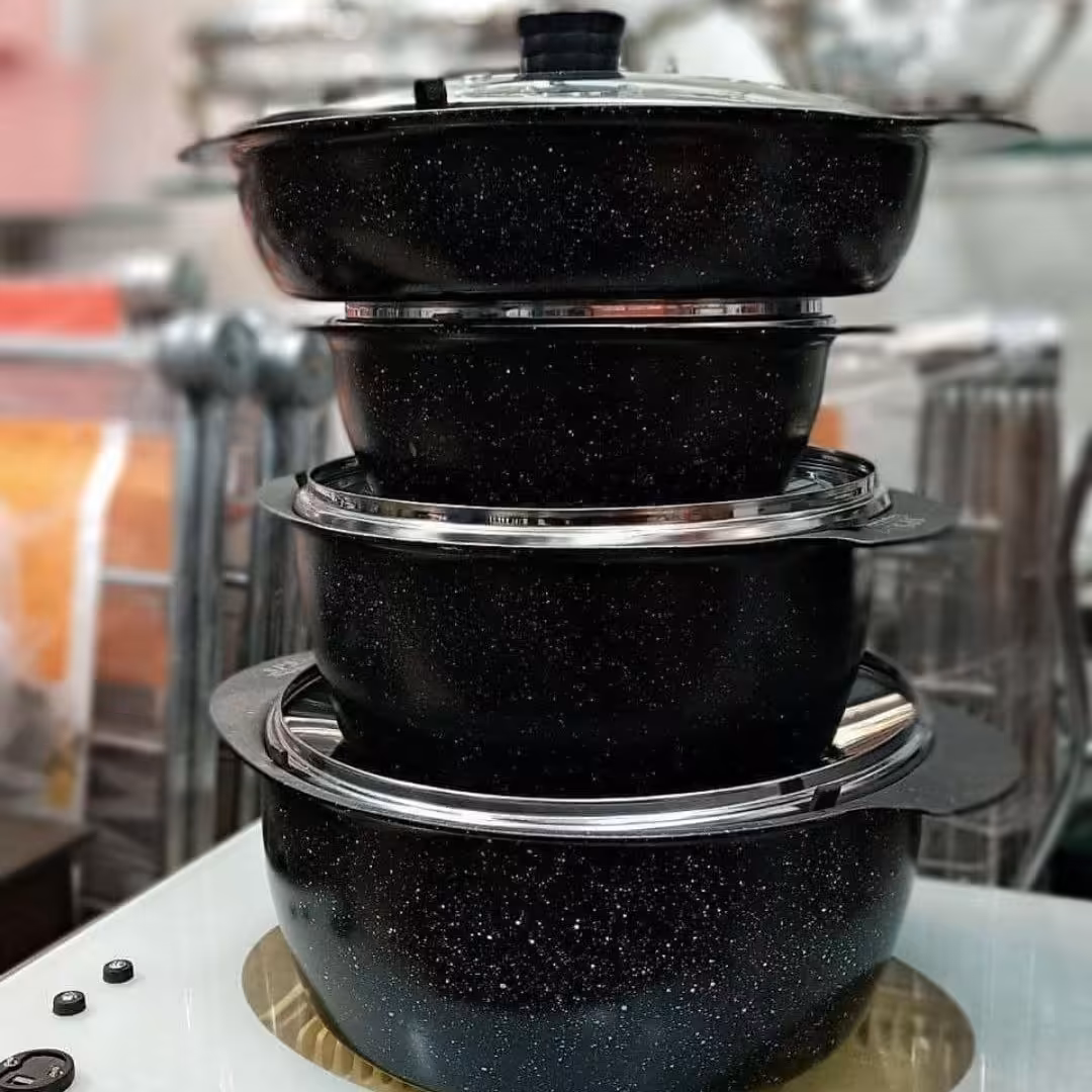 سرویس قابلمه ده پارچه چدن گرانیت SPS با دسته های متصل و دستگیره های سیلیکونی،قابلمه گرانیتی،تابه گرانیتی،پسکرایه