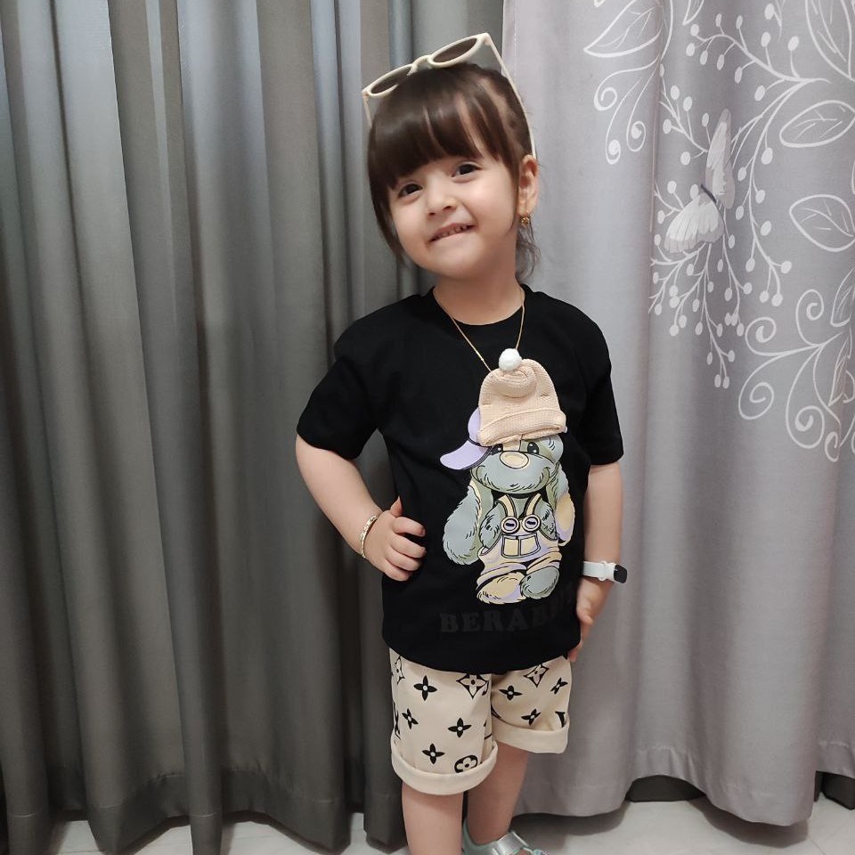 ست تیشرت شلوارک اسپورت دخترانه وپسرانه خرس کلاهدار مناسب سایز40تا55