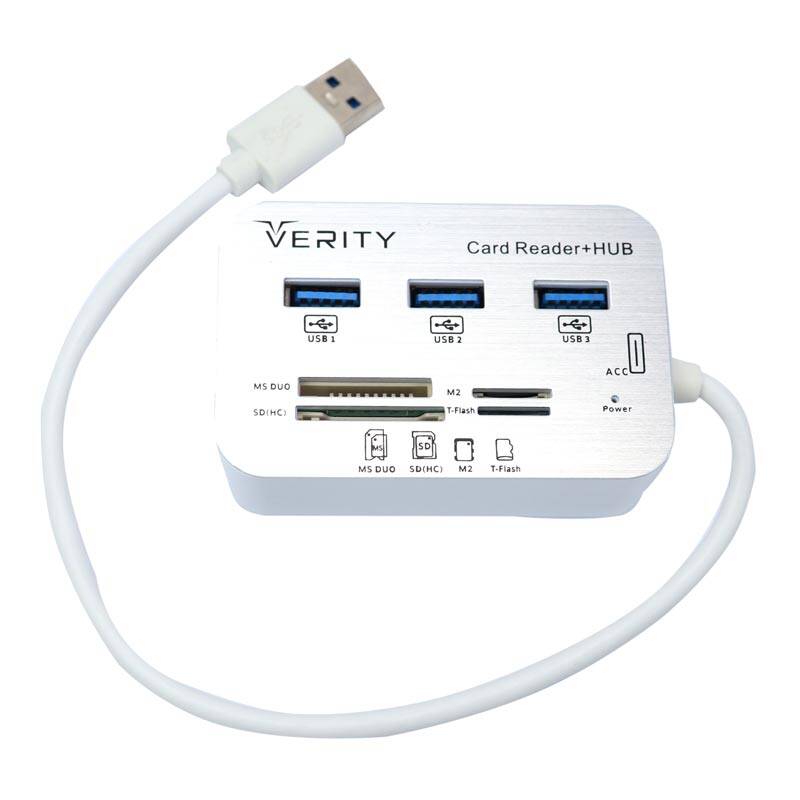 هاب 3 پورت USB30 و رم ریدر وریتی مدل H408Verity H408 3Port Hub usb3 and Card Reader