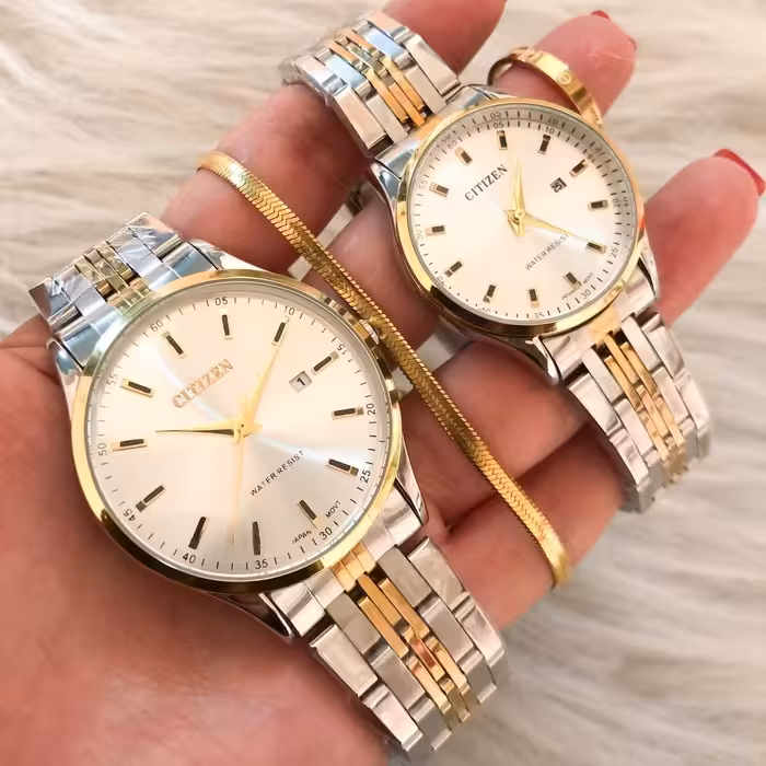 ساعت ست سیتیزن دورنگ صفحه سفید با دستبند و انگشتر