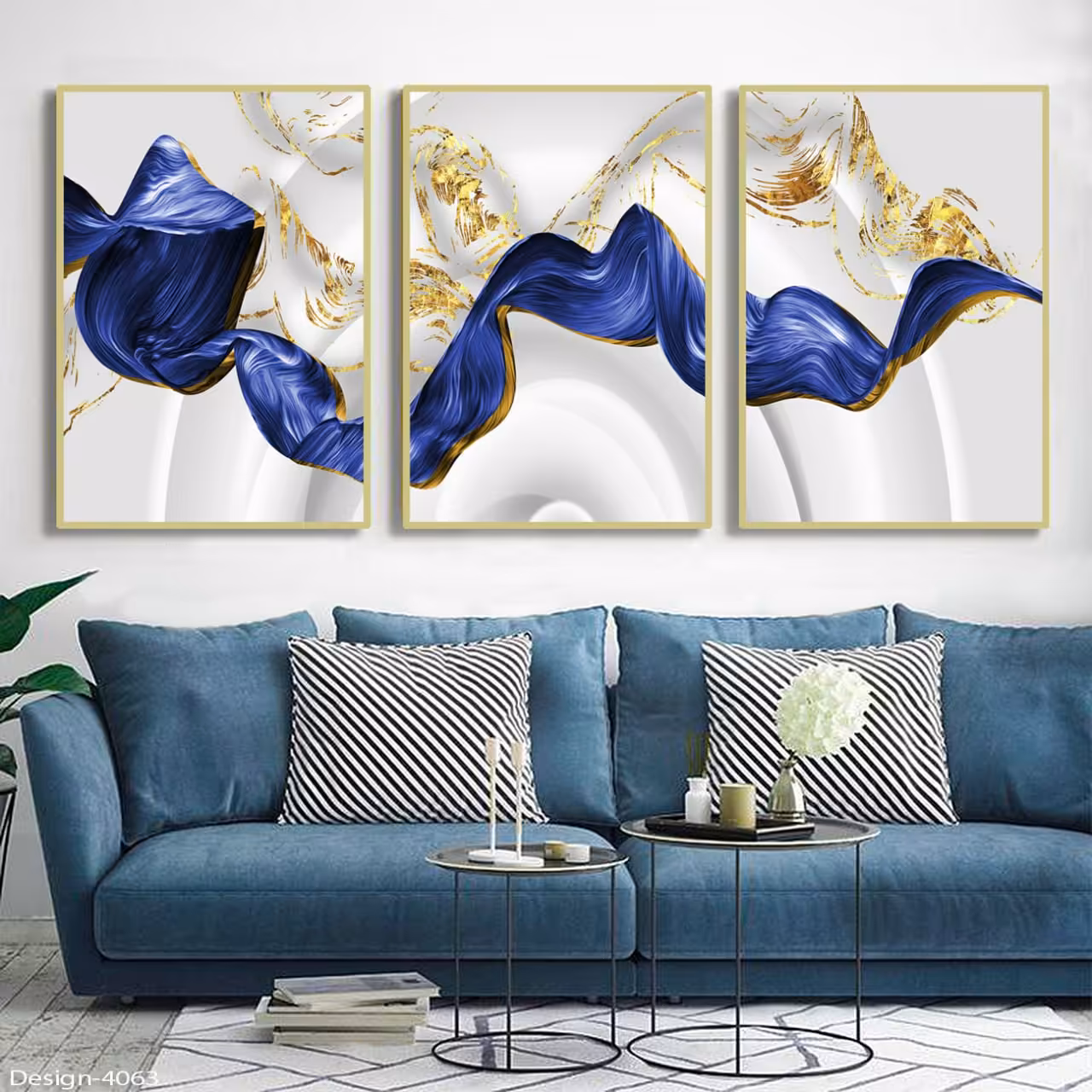 تابلو دکوراتیو مجموعه  طرح انتزاعی آبی طلایی و صورتی طلایی3تیکه سایز 40در60