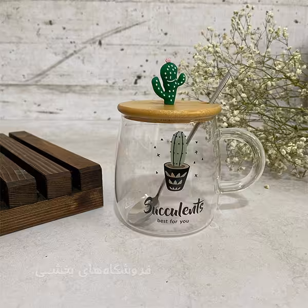 لیوان پیرکس مدل درب چوبی کاکتوس