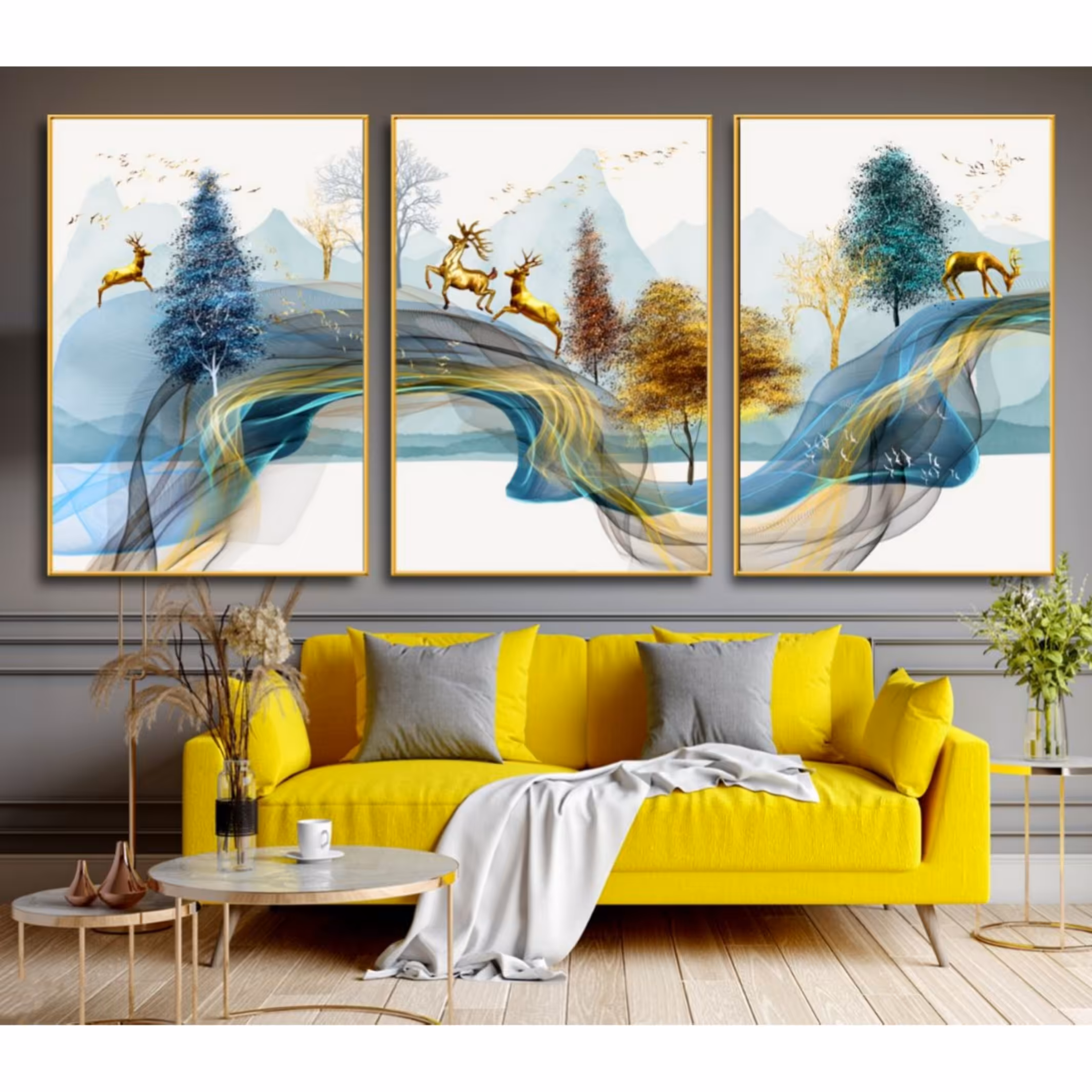 تابلو دکوراتیو 3تیکه طرح گوزن و منظره