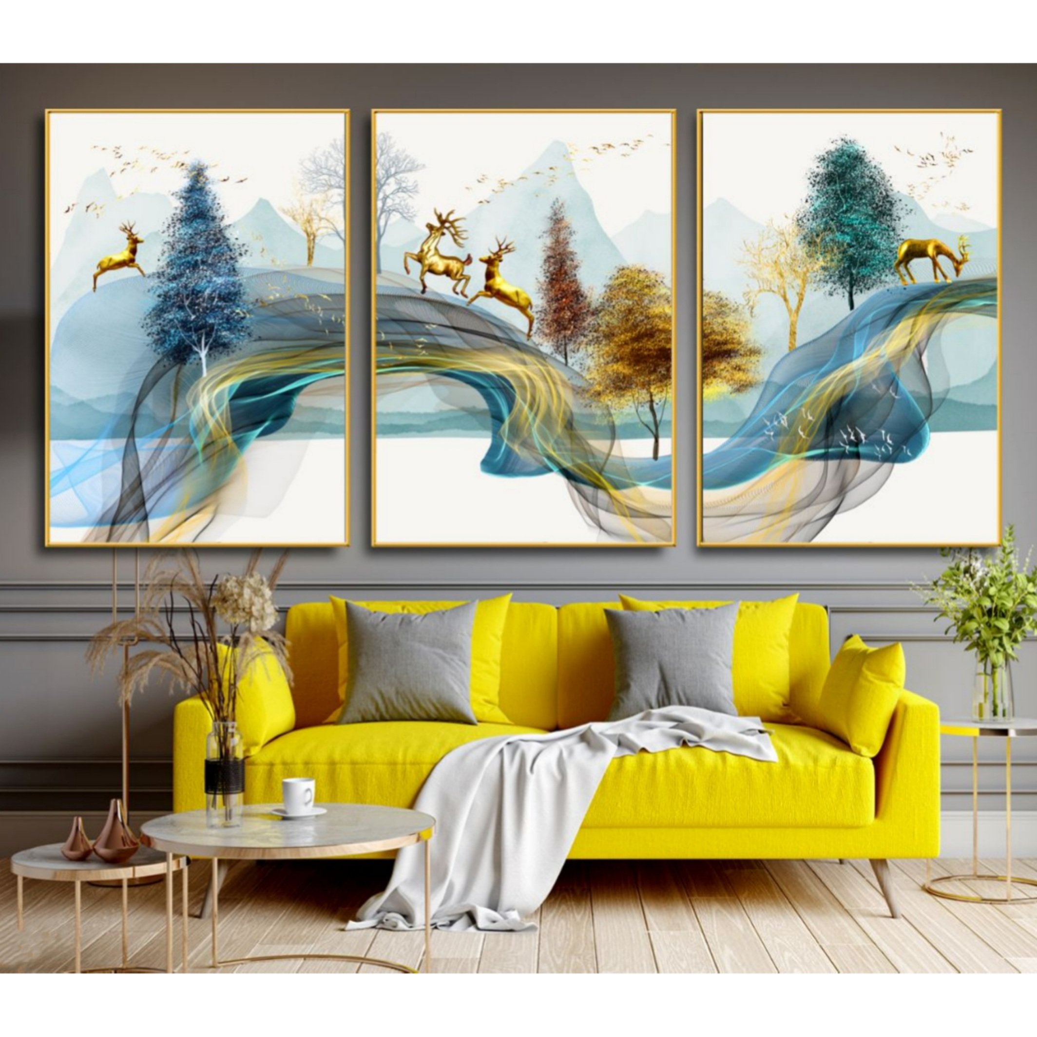 تابلو دکوراتیو 3تیکه طرح گوزن و منظره