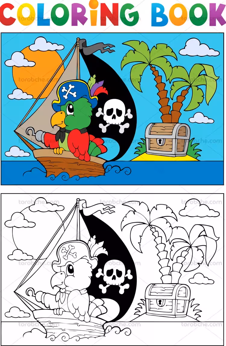وکتور رنگ آمیزی دزد دریایی و طوطی | گرافیک با طعم تربچه