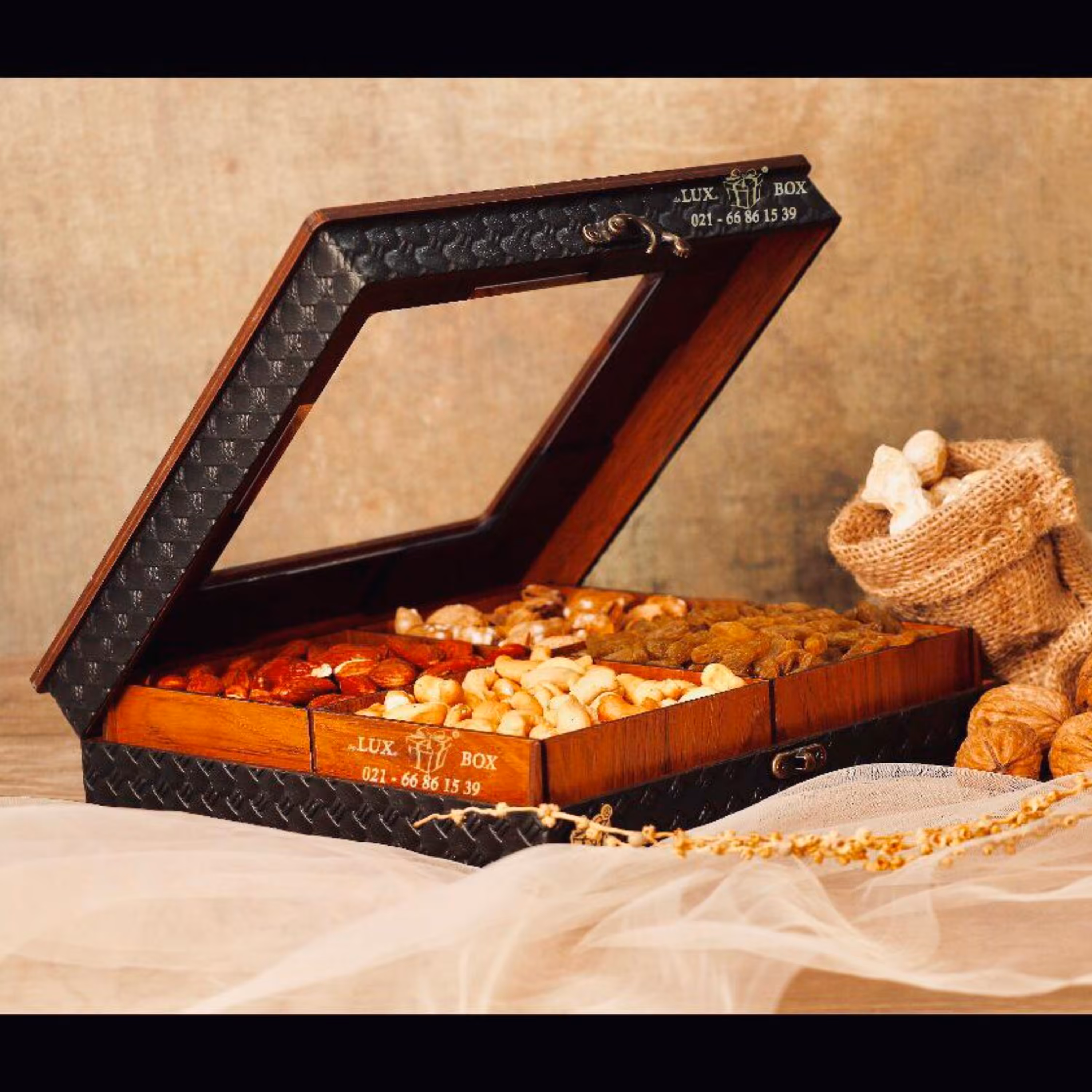 جعبه آجیل و خشکبار جعبه پذیرایی جعبه چوبی مدل چرم کد LB043