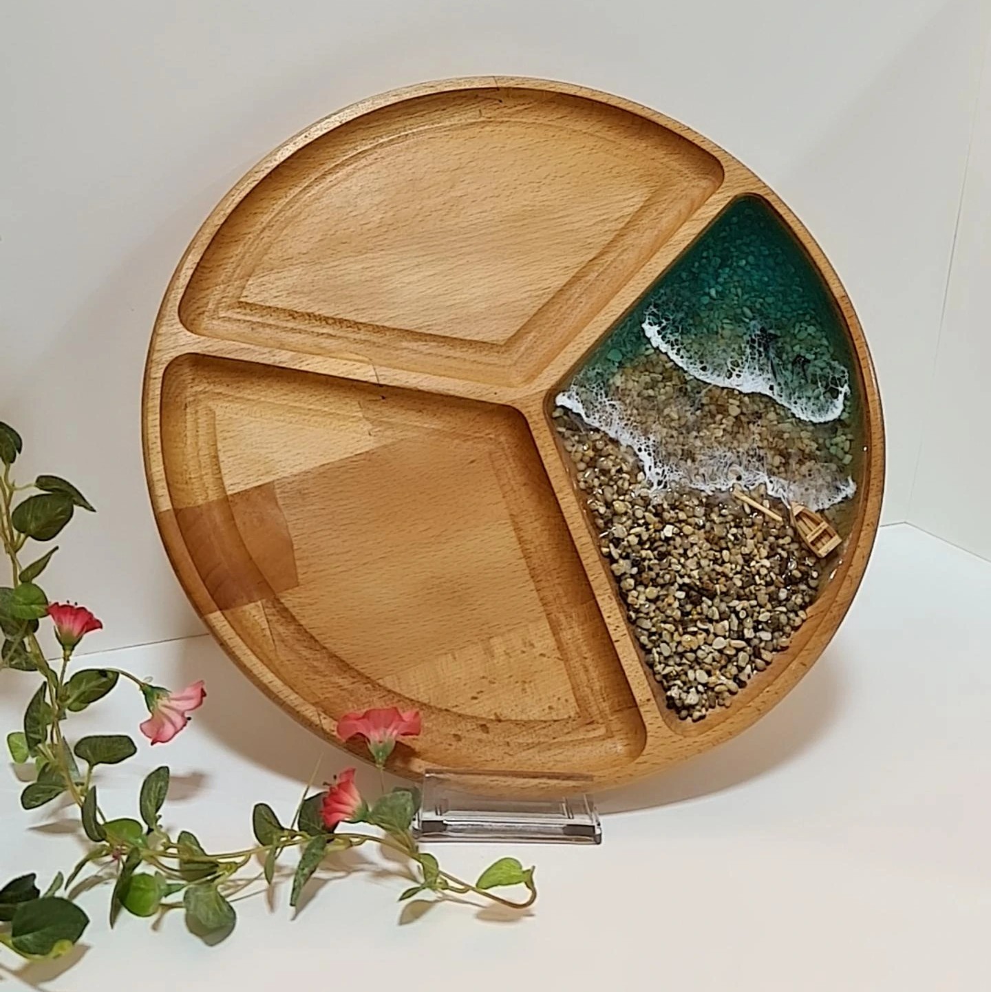 سینی تقسیم اردوخوری چوبی چوب راش چوبو رزین ظرف تقسیم گرد سینی چوبی