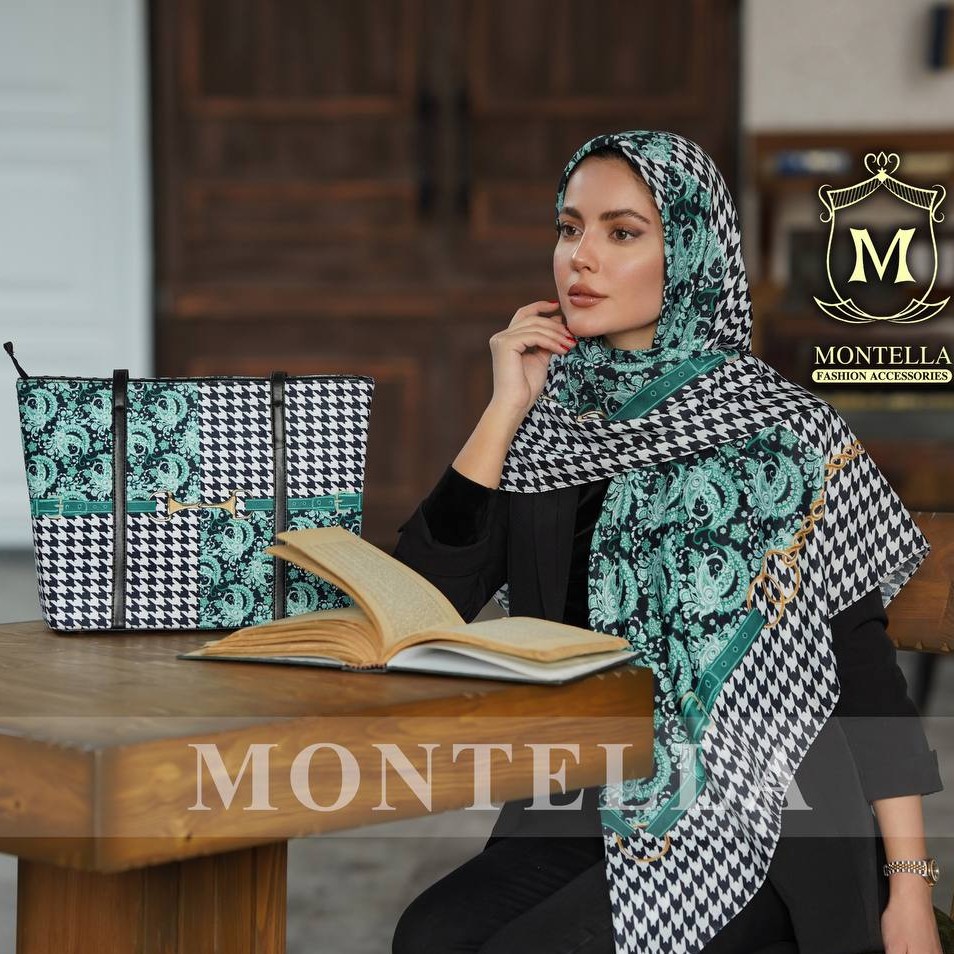 ست کیف و روسری زنانه ست کیف و روسری طرح بوته جقه سبز پیچازی  mo160