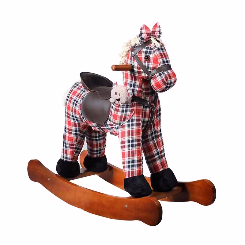 راکر کودک چوبی طرح ویکتور چهارخانه قرمز با عروسک مدل 6015