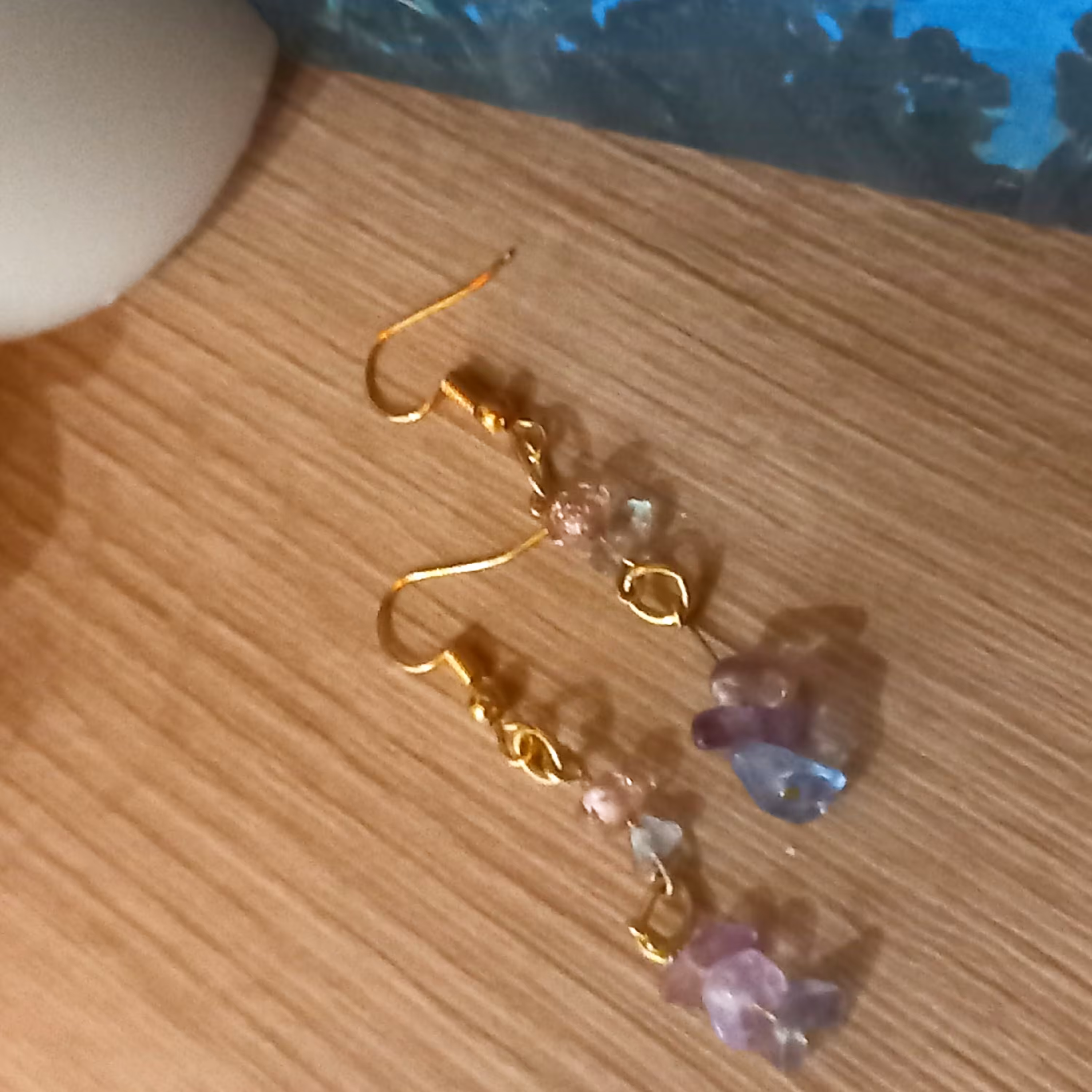 گوشواره سنگی اصل 2 سانتیمتر بنفش و آبی و صورتی دست ساز