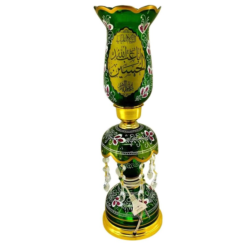 103264-لاله شمعدانی کوچک ارتفاع 46 قطر دهانه 11-سبز یا اباعبدالله الحسین ع و یا رقیه س-کنار منبری هیئت