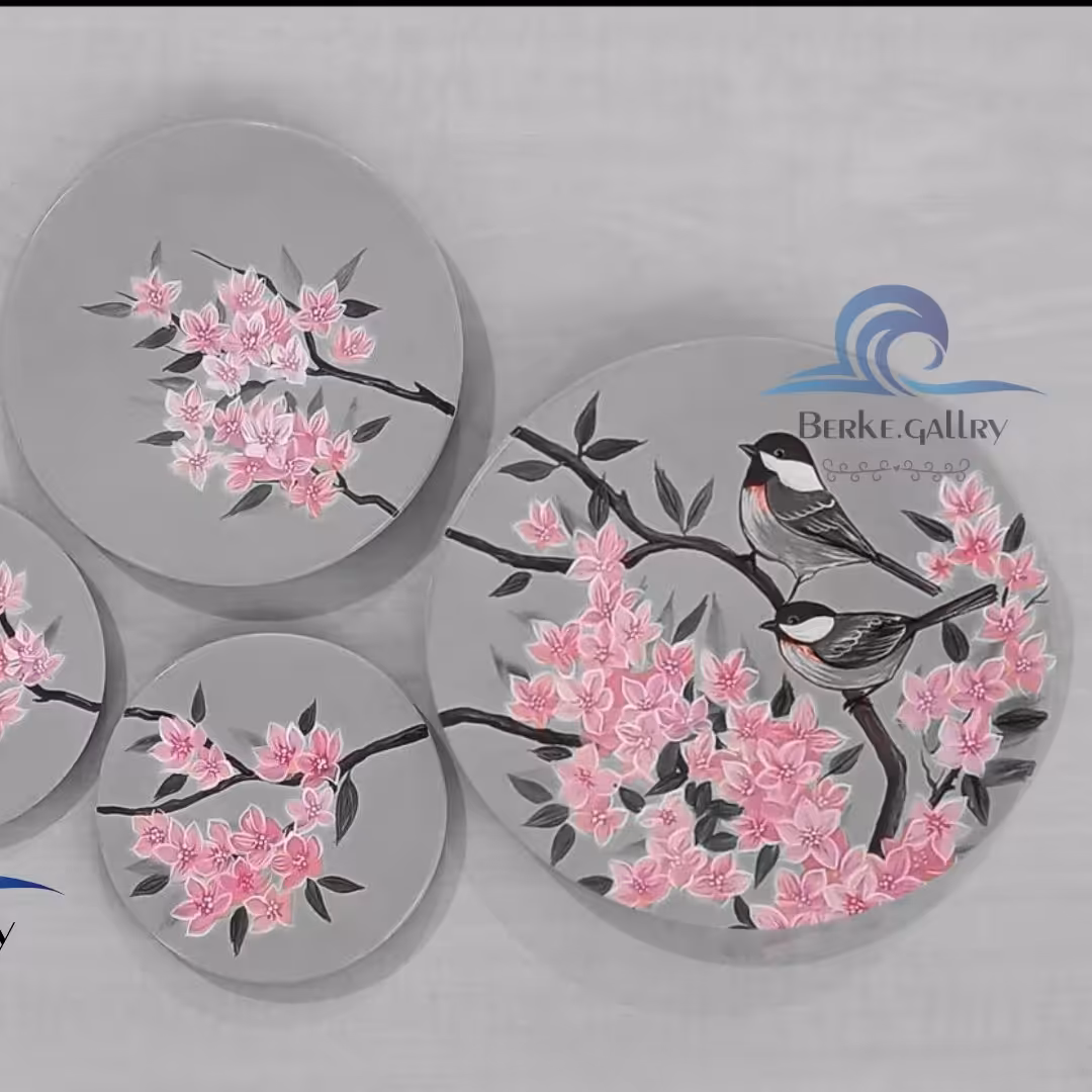 بشقاب سفالی دیوارکوب مجموعه4عددی طرح گل وگنجشک 