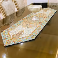 رومیزی رانر ترمه ابعادطرح افشار(50x150)شاین دور آبی