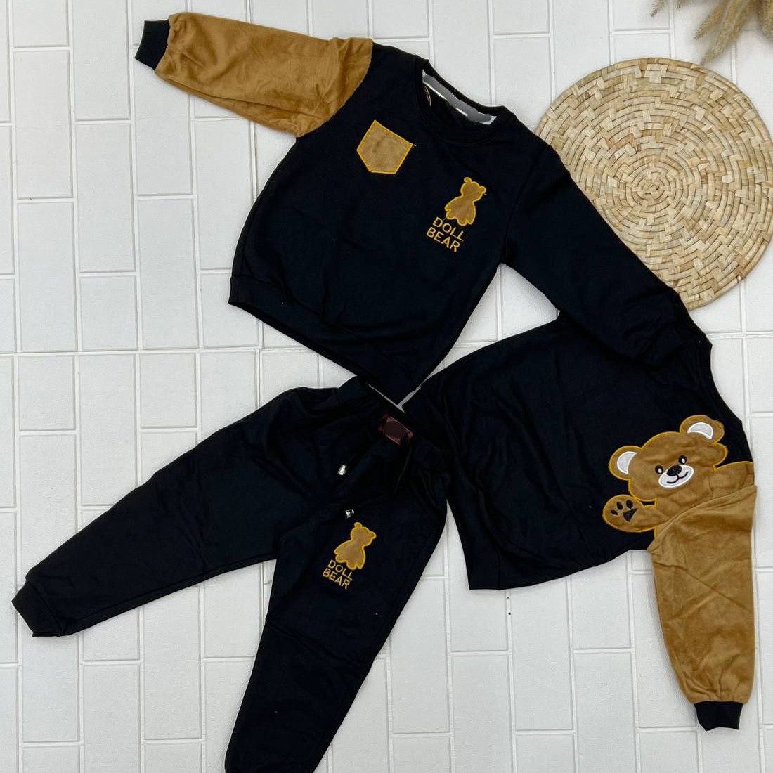 لباس بچگانه سایز کوچیک بلوز و شلوار پاییزه طرح خرسی تک رنگ مشکی سایز 30-35