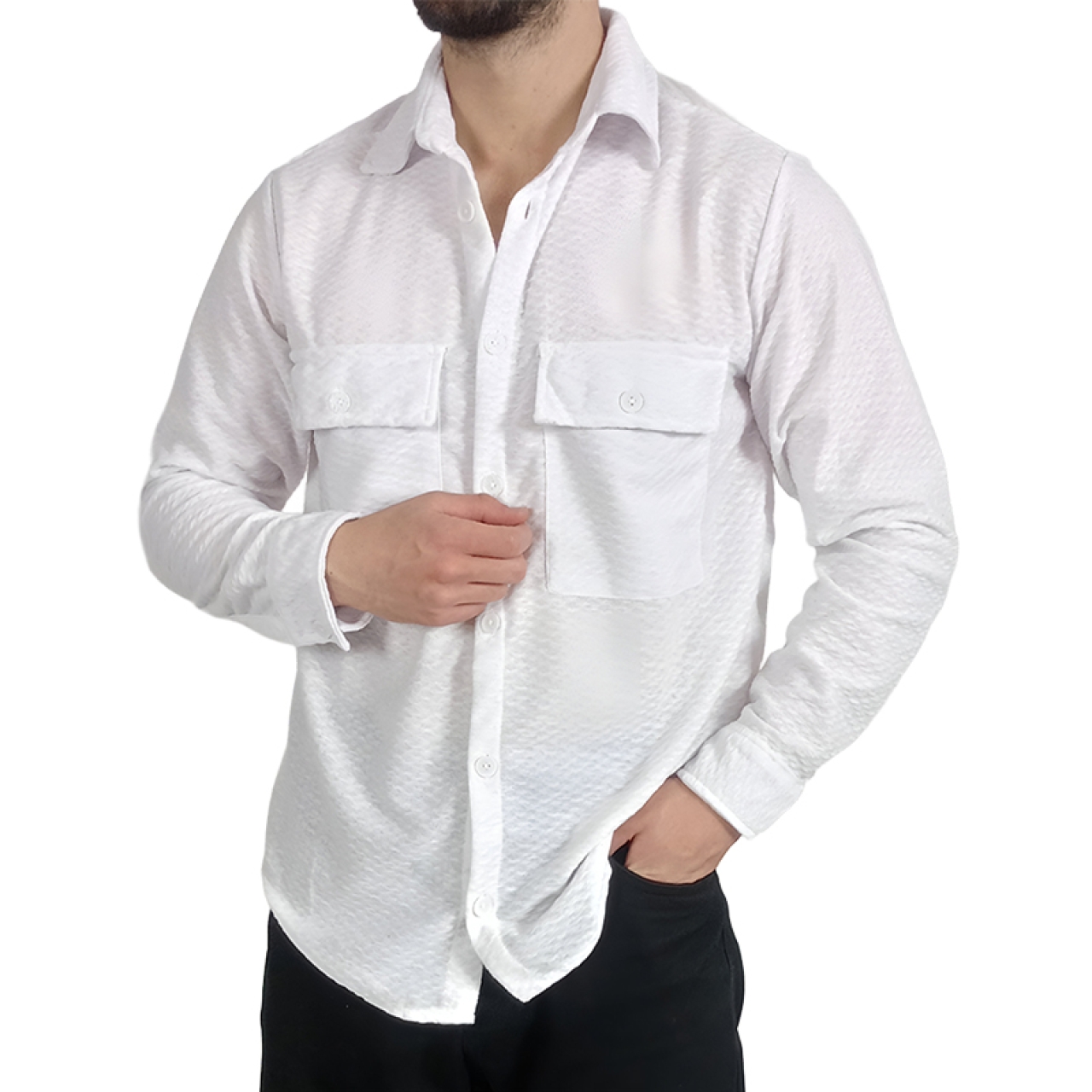 پیراهن آستین بلند مردانه سفید طرح دوجیب