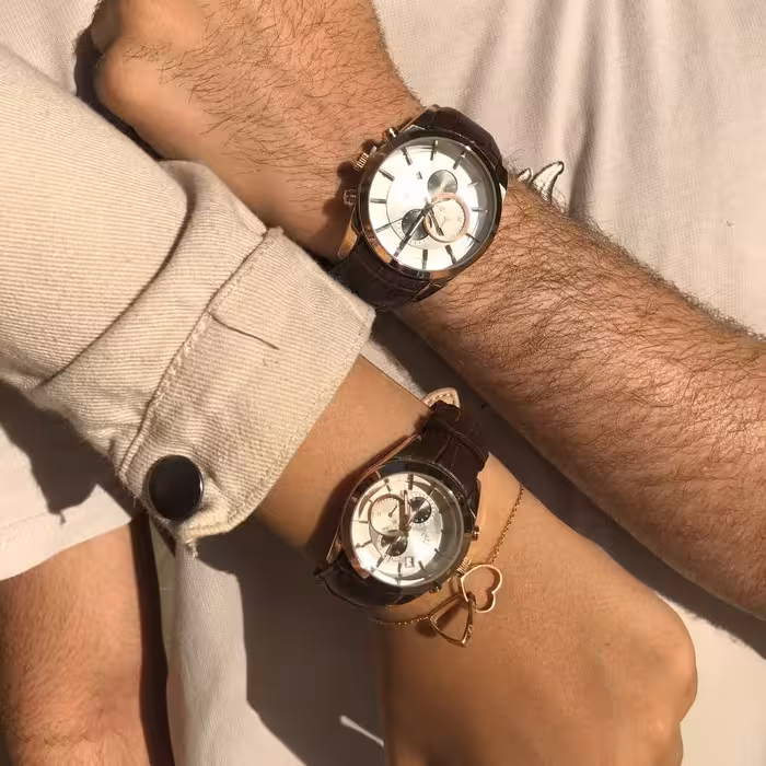 ست ساعت زنانه مردانه الگانس بند چرم قهوه ای elegance 