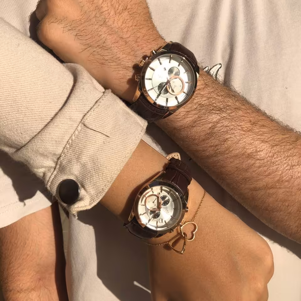 ست ساعت زنانه مردانه الگانس بند چرم قهوه ای elegance 