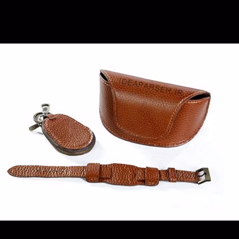 ست جا عینک دسته کلید و بند ساعت چرم طبیعی دست دوز