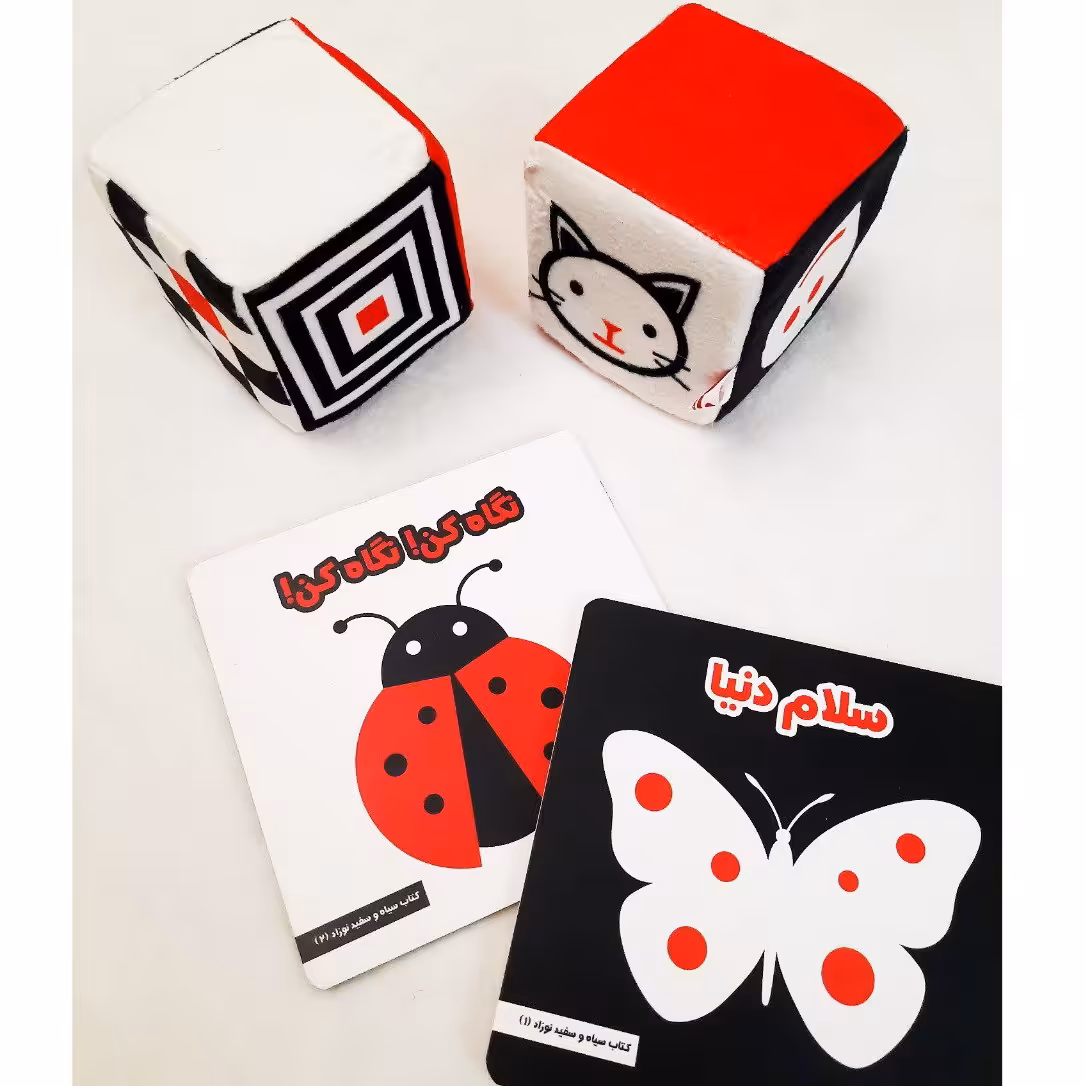 سیسمونی نوزاد - کتاب و مکعب تقویت دیداری - مجموعه 4 تکه سیاه و سفید