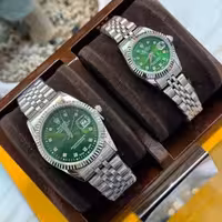 ست ساعت زنانه و مردانه مارک رولکس بند نقره ای صفحه سبز