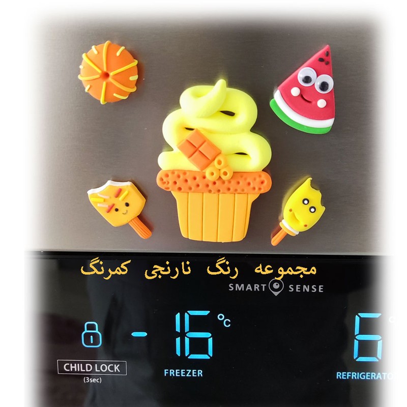 مگنت یخچال خمیری هندوانه و کاپ کیک و بستنی و دونات نارنجی کمرنگ 5عددی