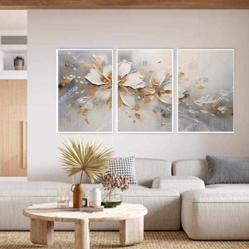 تابلو دکوراتیو طرح نقاشی برجسته سفید وطلایی سه تکه 