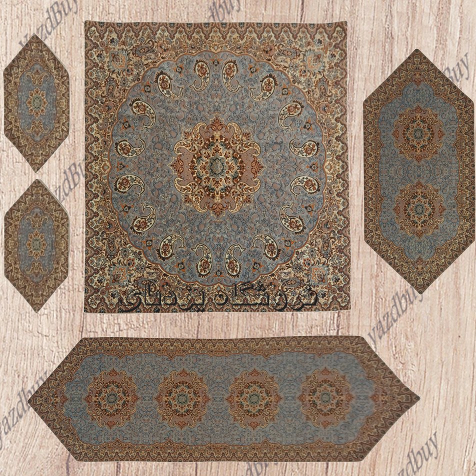 رومیزی ترمه ست 5 تکه طرح نسترن رنگ طوسی کیفیت عالی