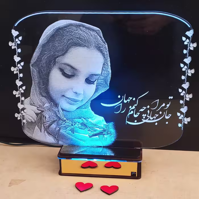 آباژور چهره 30 سانت پایه استایل طلایی  تک نور آبی طرح اف40