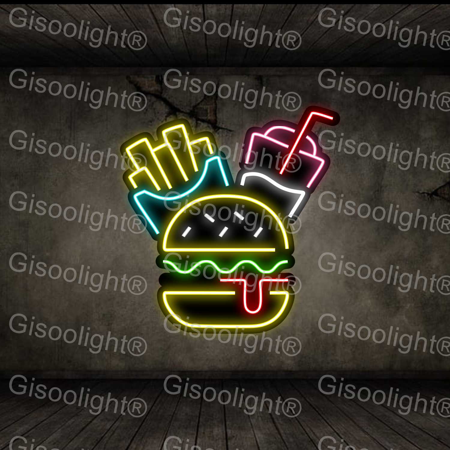 تابلو نئون فست فود سیب زمینی و همبرگر و نوشابه