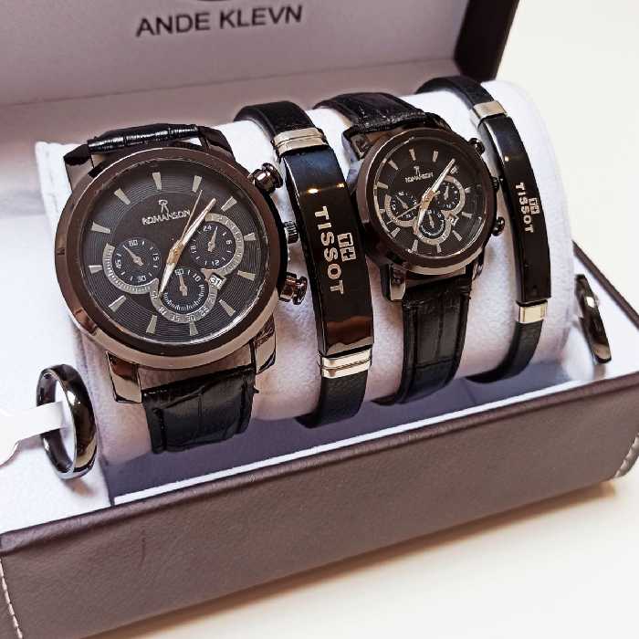 ست ساعت و دستبند و انگشتر مشکی بندچرم کیفیت عالی ارسال رایگان 