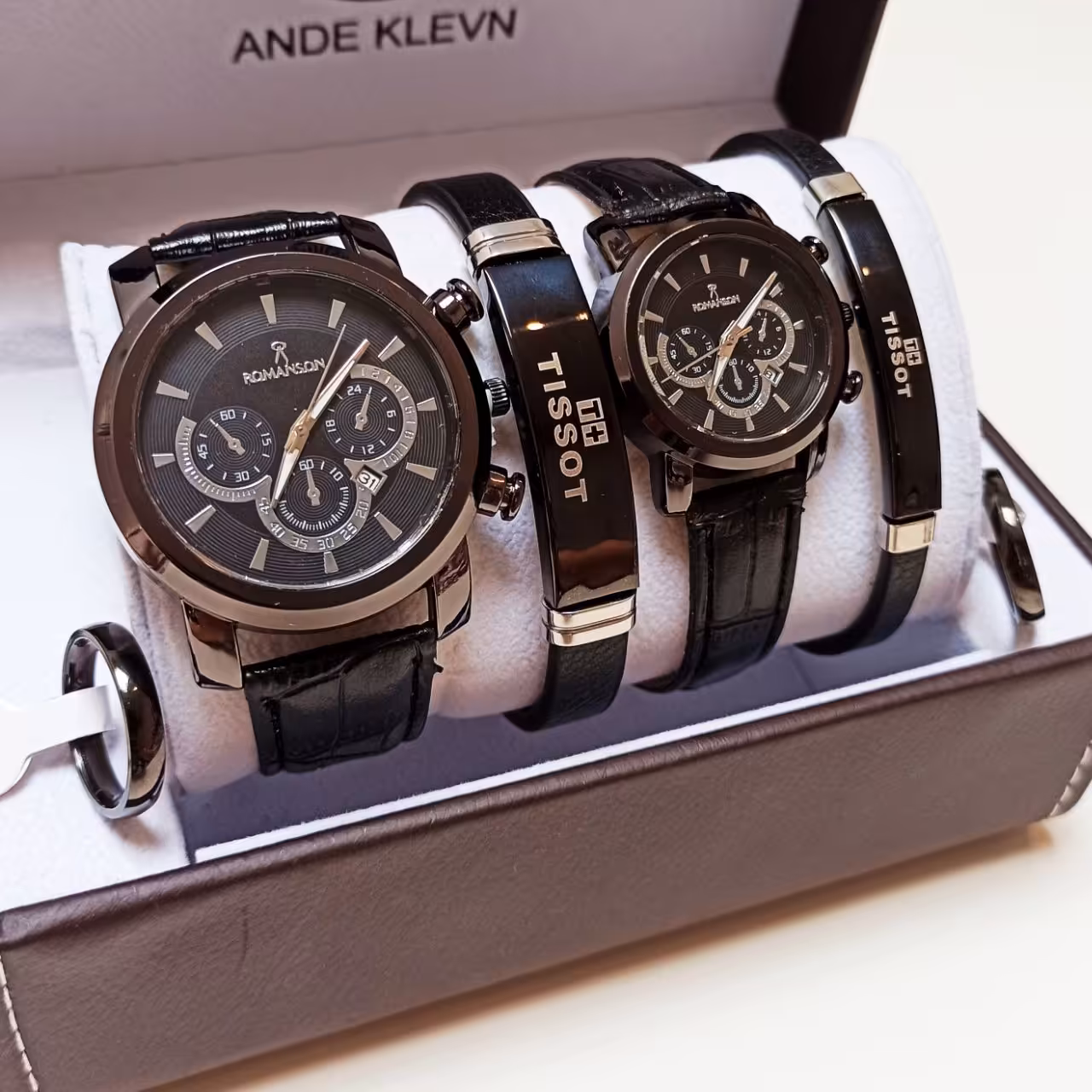 ست ساعت و دستبند و انگشتر مشکی بندچرم کیفیت عالی ارسال رایگان 