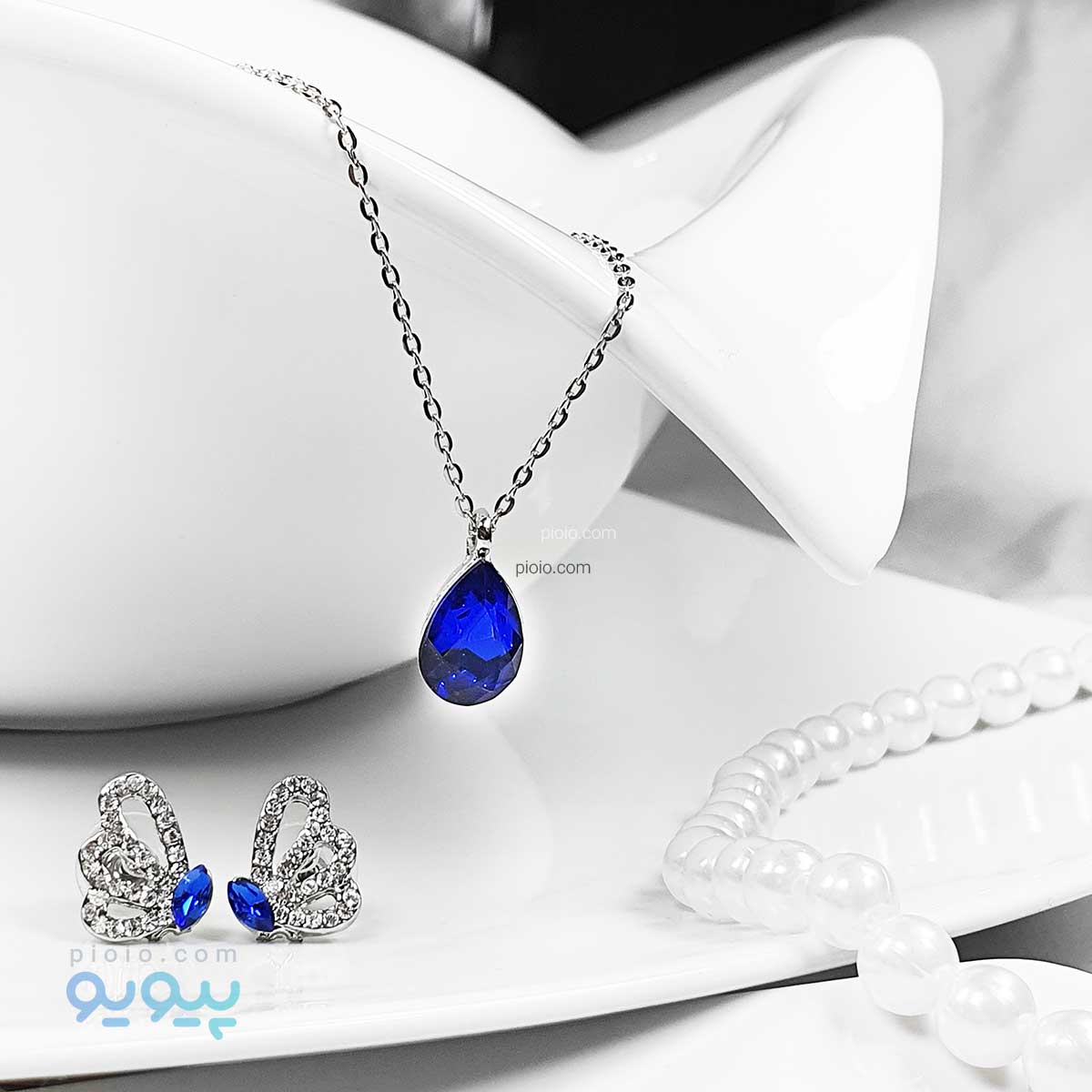نیم ست گردنبند و گوشواره نقره نگین اشکی