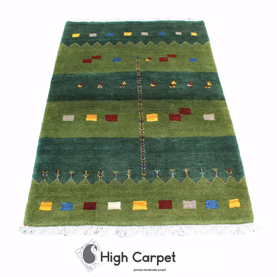 گبه شیراز زمینه سبز  رنگ 1.5 متری دستبافت نقشه مدرن کد 0661