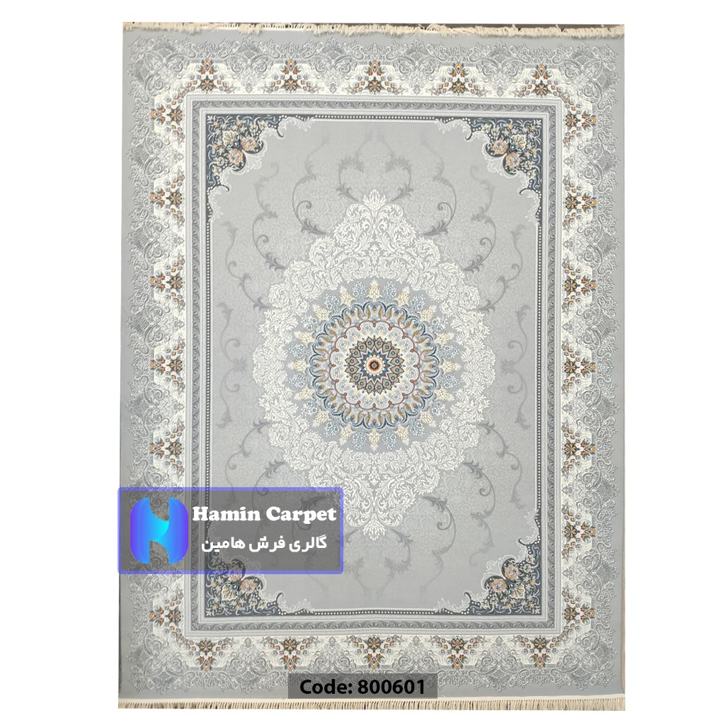 فرش 6 متری 700شانه تراکم 2550 نخ آکلریک رنگ زمینه نقره ای کد AR800601