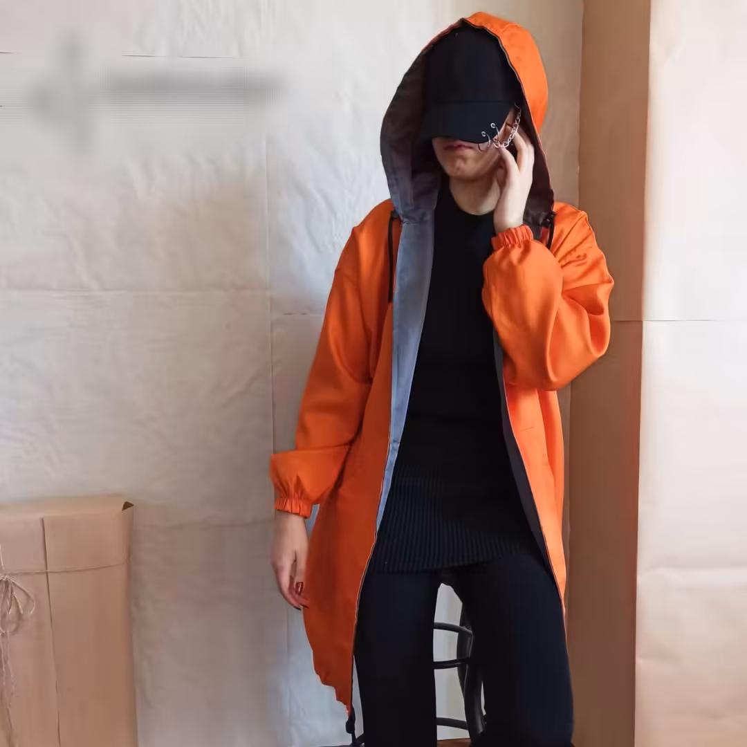 مانتو بارانی دورو جلوباز کلاهدار قد متوسط نارنجی و طوسی فری سایز 