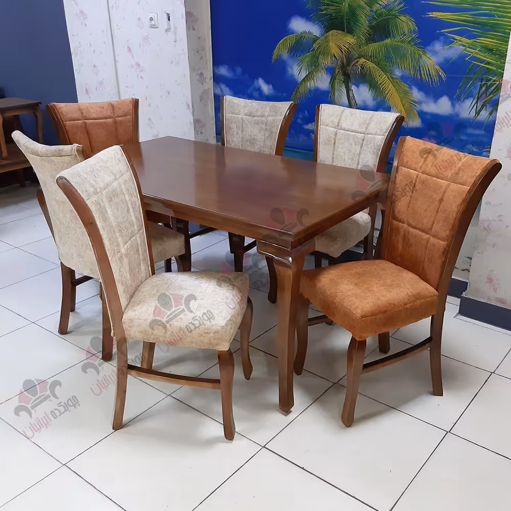 میز ناهار خوری 6 نفره چوبی ساده با صفحه ام دی اف مدل مهرگان