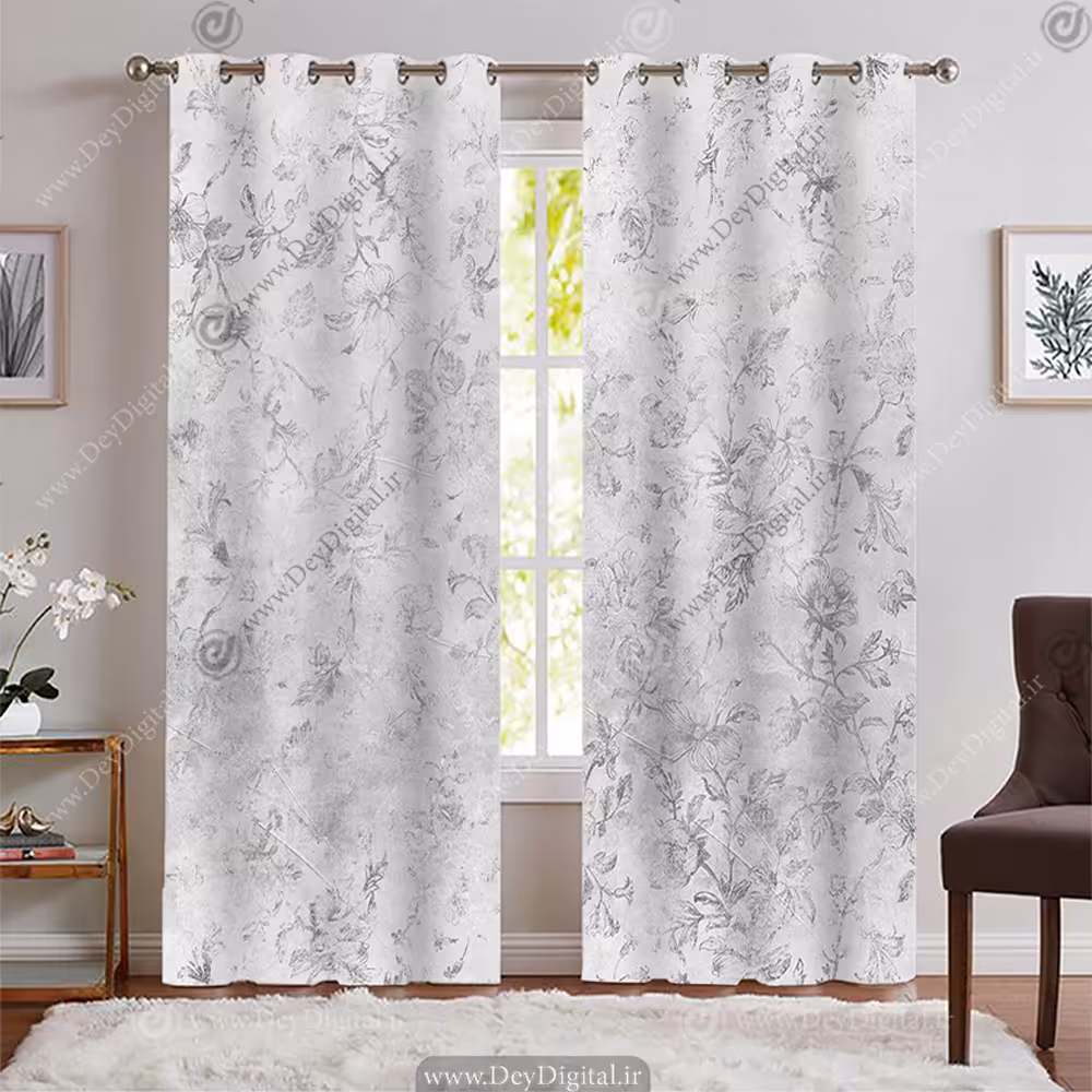 پرده چاپی پتینه ای طرح شکوفه و شاخه گل طوسی روشن WA-2241