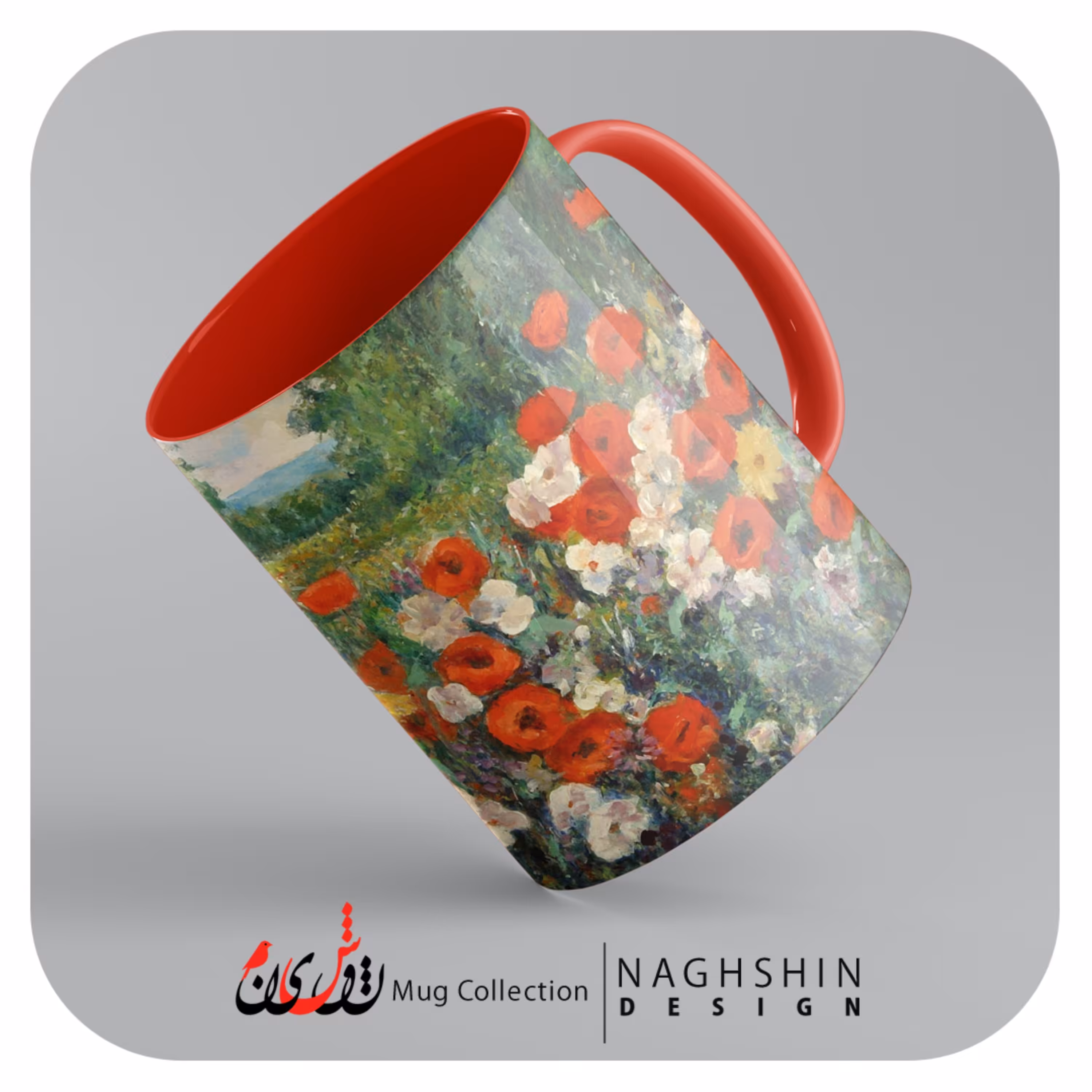 ماگ سرامیکی داخل و دسته رنگی با طرح باغ شقایق - لطفا قبل از سفارش از موجودی کالا مطمئن شوید