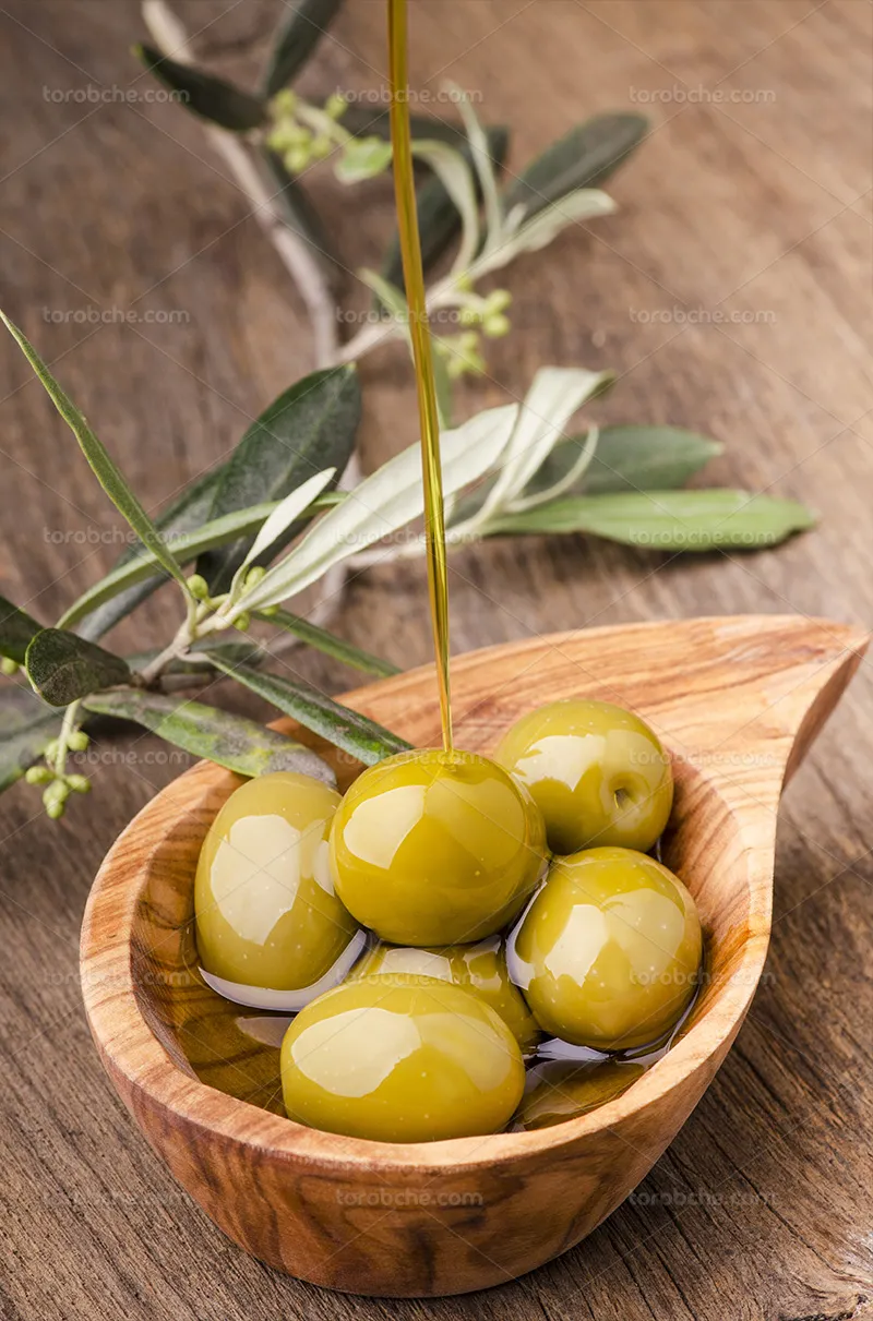 عکس روغن زیتون با زیتون سبز و برگ | گرافیک با طعم تربچه