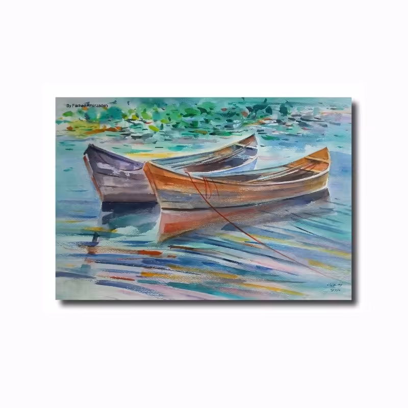 تابلو نقاشی آبرنگ قایق برکه اثر استاد فرهاد امین زاده