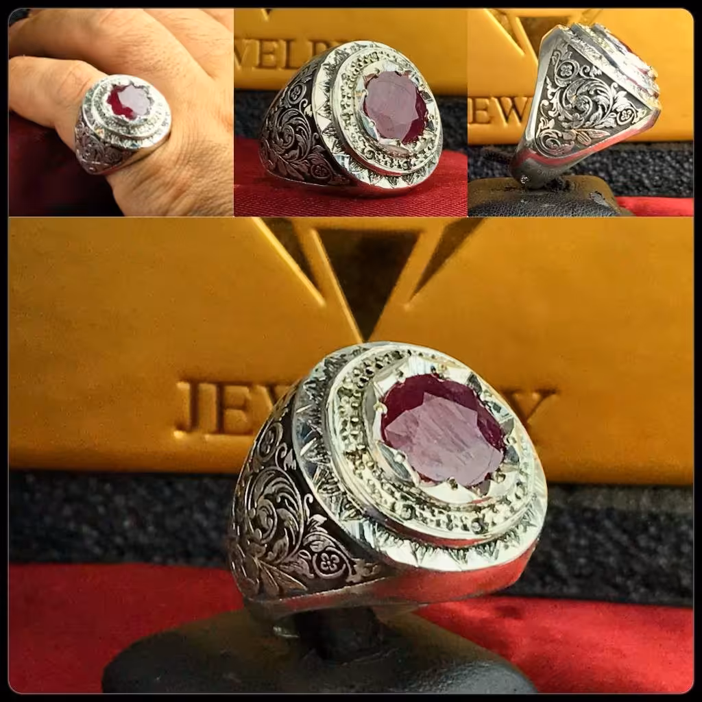 انگشتر فوق العاده شیک یاقوت قرمز گرد اصلی رکاب فیلی قلم زنی دین سازومخراج برلیان اصلی ارسال رایگان