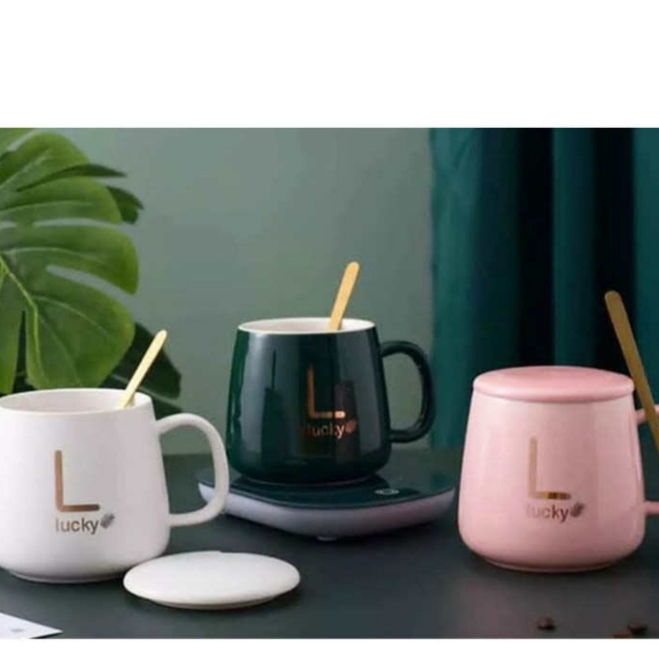 ماگ حرارتی با صفحه گرمکن همراه با جعبه هدیه شیک و پوشال مخصوص هدیه دادن رنگ صورتی و سفید سبز و مشکی 