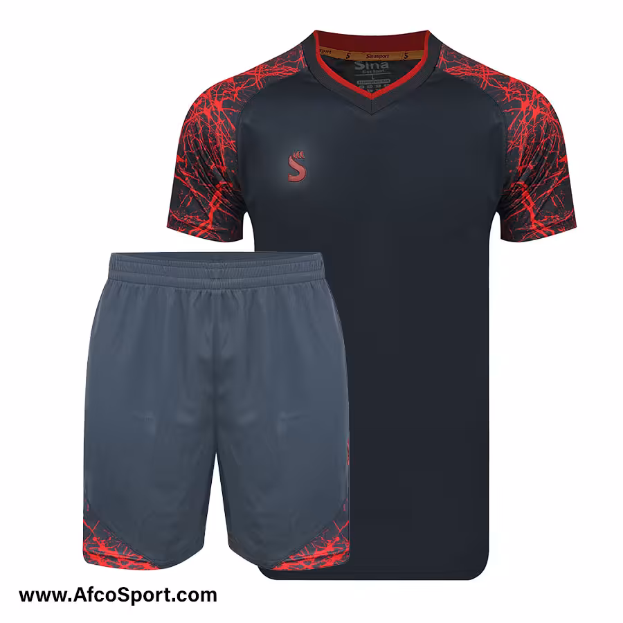 پیراهن شورت تیمی طوسی قرمز طرح رعد و برق سینا اسپرت فصل 1401-1402