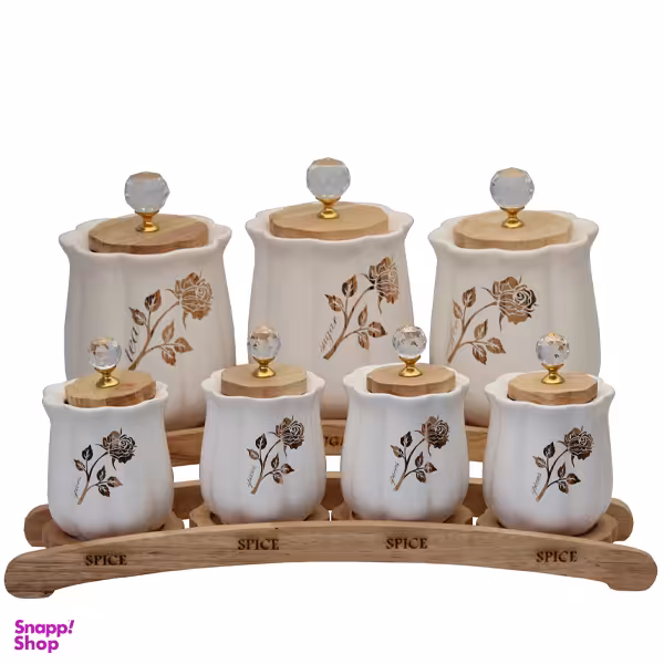 جا ادویه 7 پارچه مام لوکس مدل گل رز طلایی گوی دار کد 1056-1055