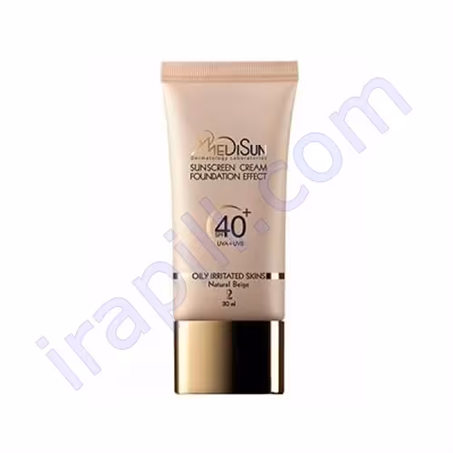 ضد آفتاب کرم پودری رنگ طبیعی مناسب پوست چرب SPF40 مدیسان 30 میلی لیتر تیوپی