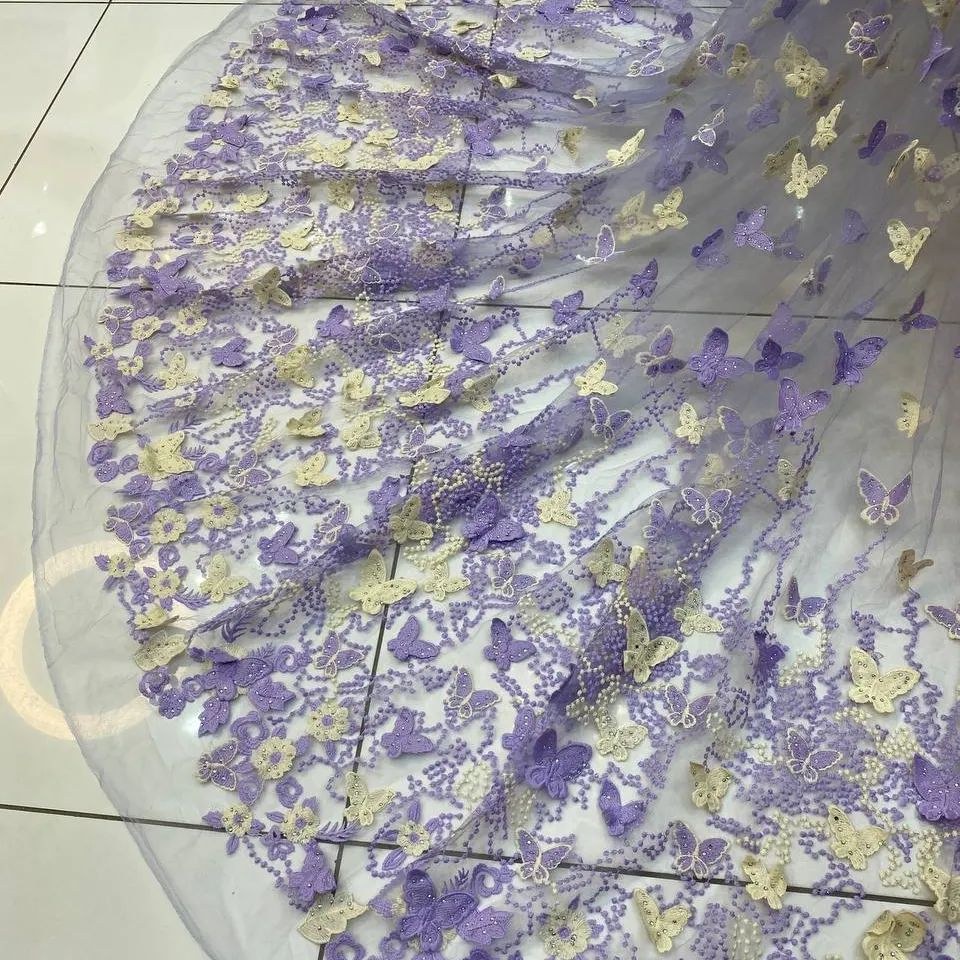پارچه دانتل کله مورچه ای با اپلیکه پروانه ای و سنگ حرارتی وارداتی کره جنوبی 1