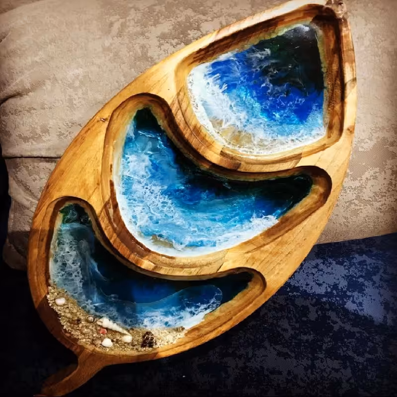 ظرف سرو و پذیرایی-ترکیب زیبای چوب گردو و رزین-طرح دریا-سه تکه