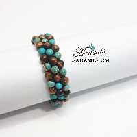 دستبند سه ردیفه سنگ فیروزه اصل آفریقایی و چشم ببر با بافتی زیبا